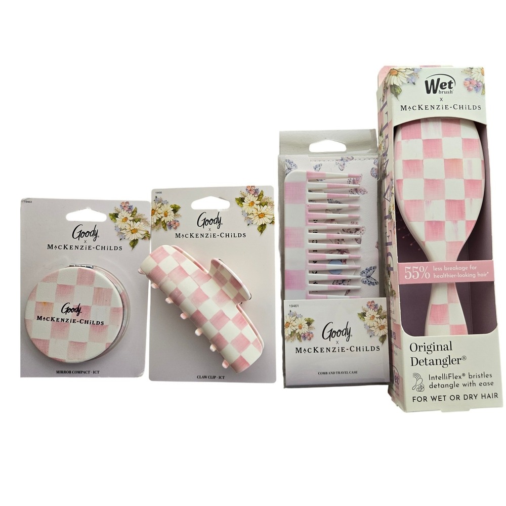 MacKenzie-Childs x Goody Rosy Check Wet Brush Claw Clip Comb Mirror Compact Set
